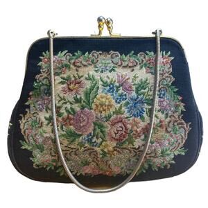 Vintage Tapestry Black Floral Needlepoint Purse Clutch Chain Strap Kiss Clasp